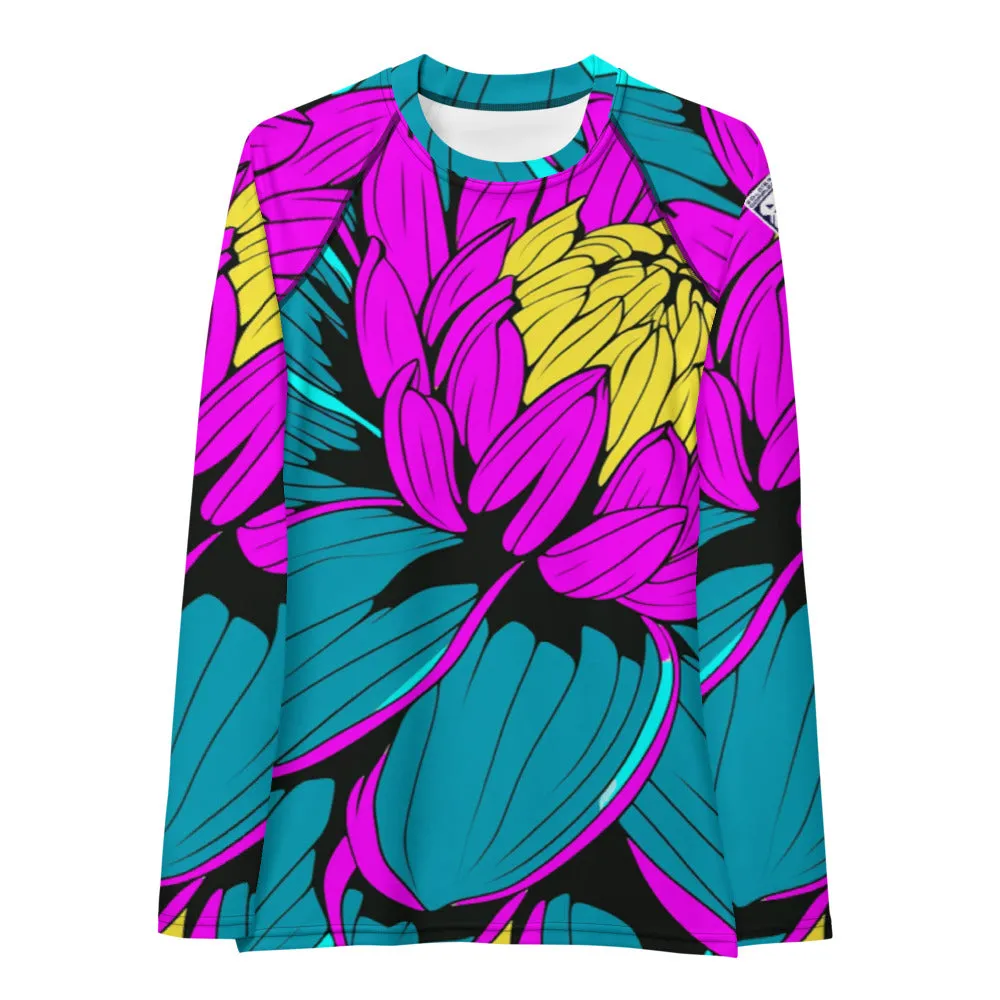 Women's Pop Art BJJ Long Sleeve Rash Guards - Roy Lichtenstein Inspired Dahlia Print 001