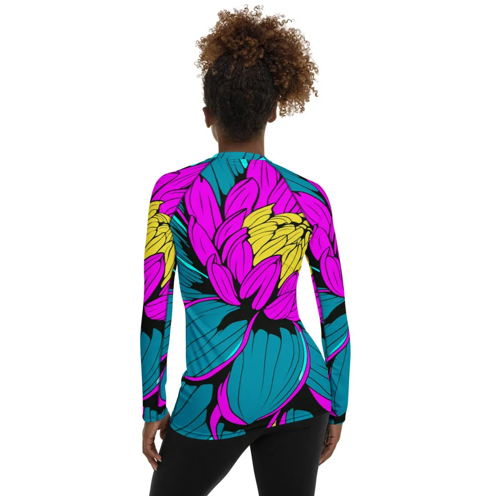 Women's Pop Art BJJ Long Sleeve Rash Guards - Roy Lichtenstein Inspired Dahlia Print 001