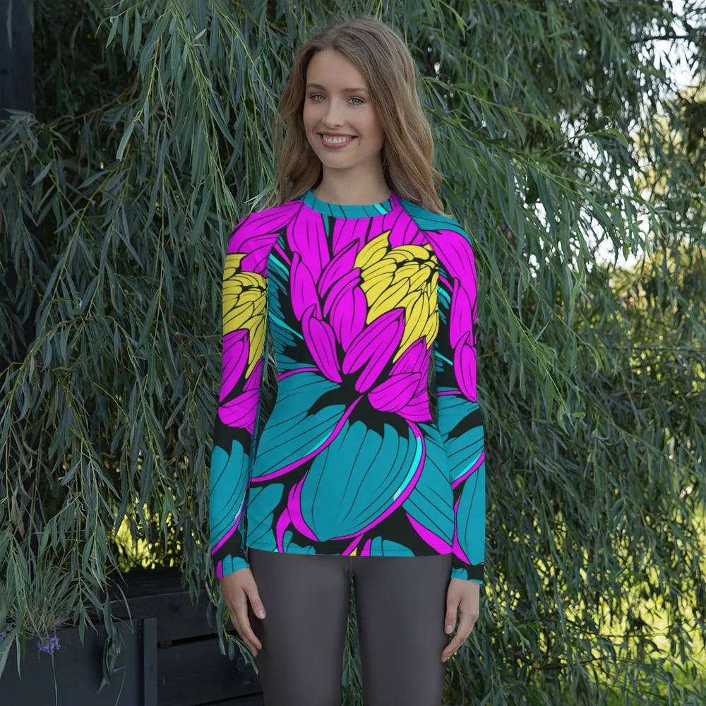 Women's Pop Art BJJ Long Sleeve Rash Guards - Roy Lichtenstein Inspired Dahlia Print 001