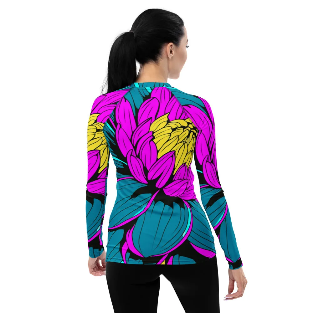 Women's Pop Art BJJ Long Sleeve Rash Guards - Roy Lichtenstein Inspired Dahlia Print 001