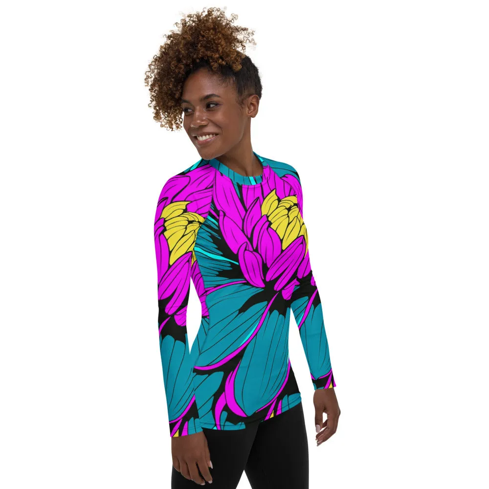 Women's Pop Art BJJ Long Sleeve Rash Guards - Roy Lichtenstein Inspired Dahlia Print 001