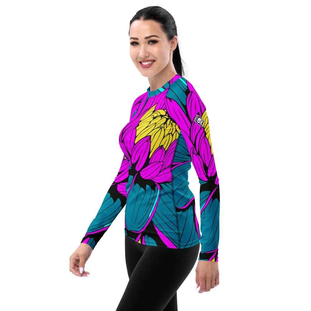 Women's Pop Art BJJ Long Sleeve Rash Guards - Roy Lichtenstein Inspired Dahlia Print 001