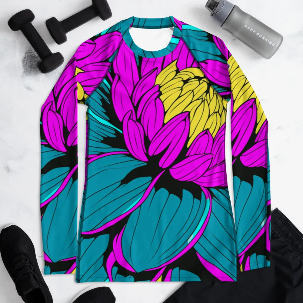 Women's Pop Art BJJ Long Sleeve Rash Guards - Roy Lichtenstein Inspired Dahlia Print 001