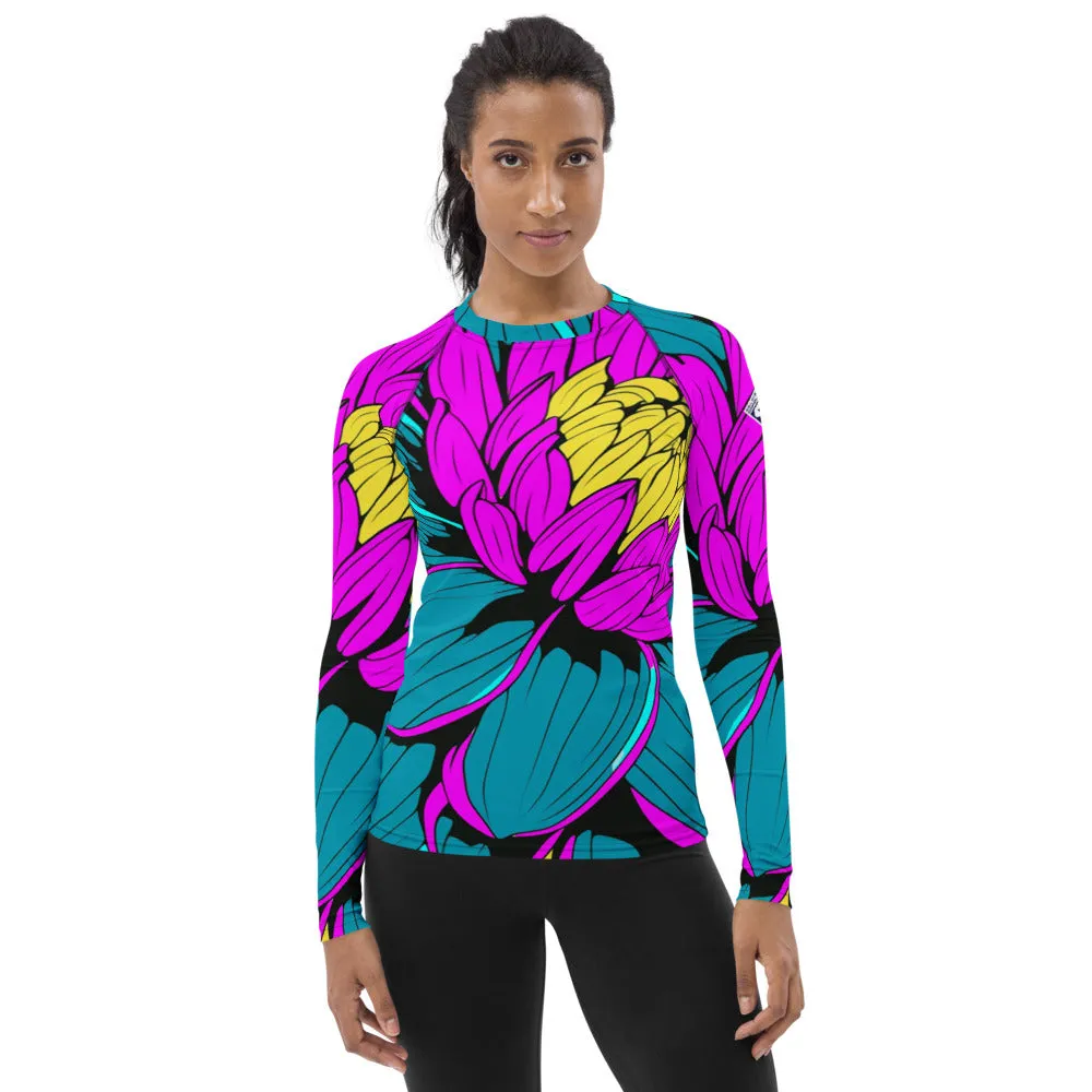 Women's Pop Art BJJ Long Sleeve Rash Guards - Roy Lichtenstein Inspired Dahlia Print 001