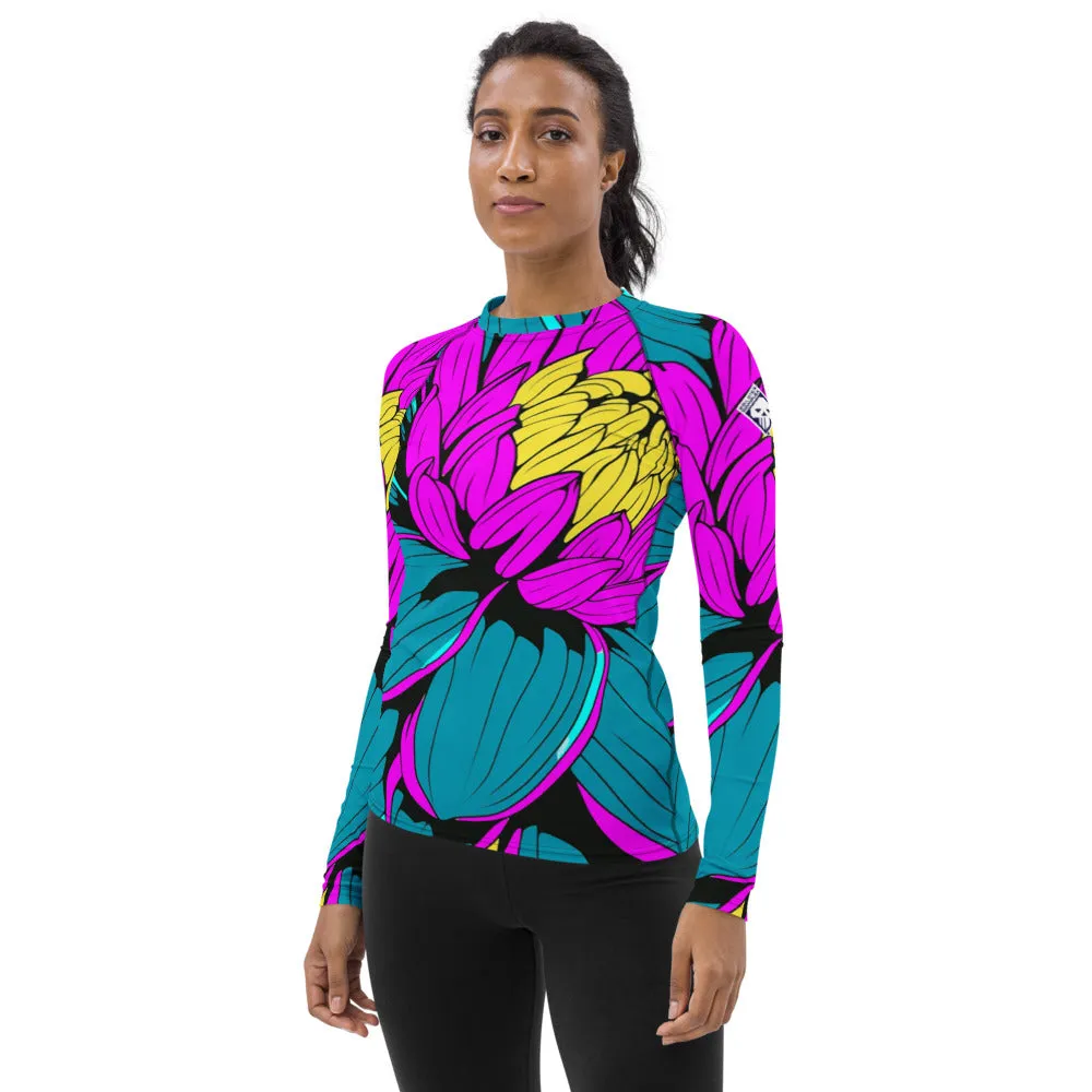 Women's Pop Art BJJ Long Sleeve Rash Guards - Roy Lichtenstein Inspired Dahlia Print 001