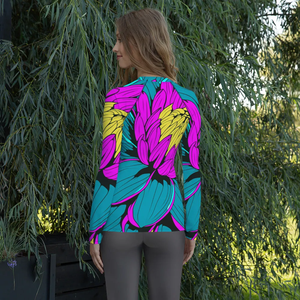 Women's Pop Art BJJ Long Sleeve Rash Guards - Roy Lichtenstein Inspired Dahlia Print 001