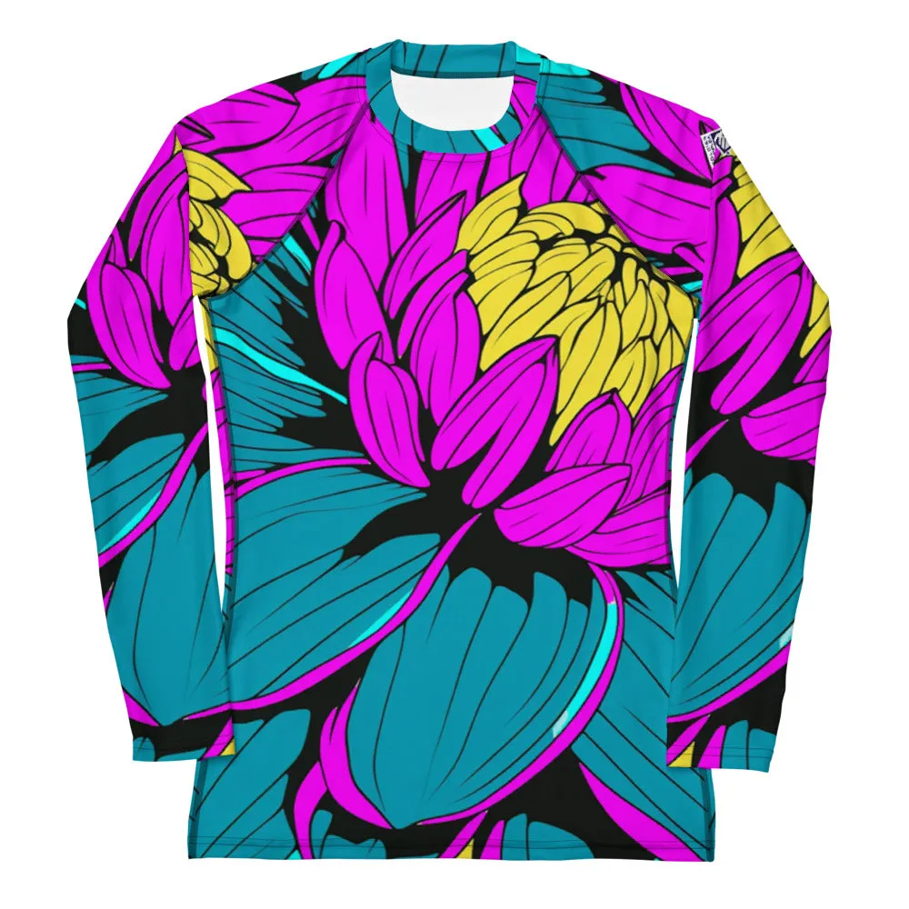 Women's Pop Art BJJ Long Sleeve Rash Guards - Roy Lichtenstein Inspired Dahlia Print 001