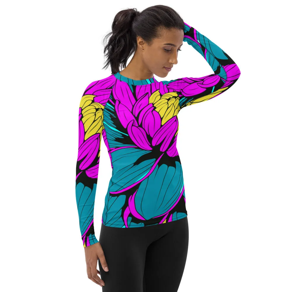 Women's Pop Art BJJ Long Sleeve Rash Guards - Roy Lichtenstein Inspired Dahlia Print 001