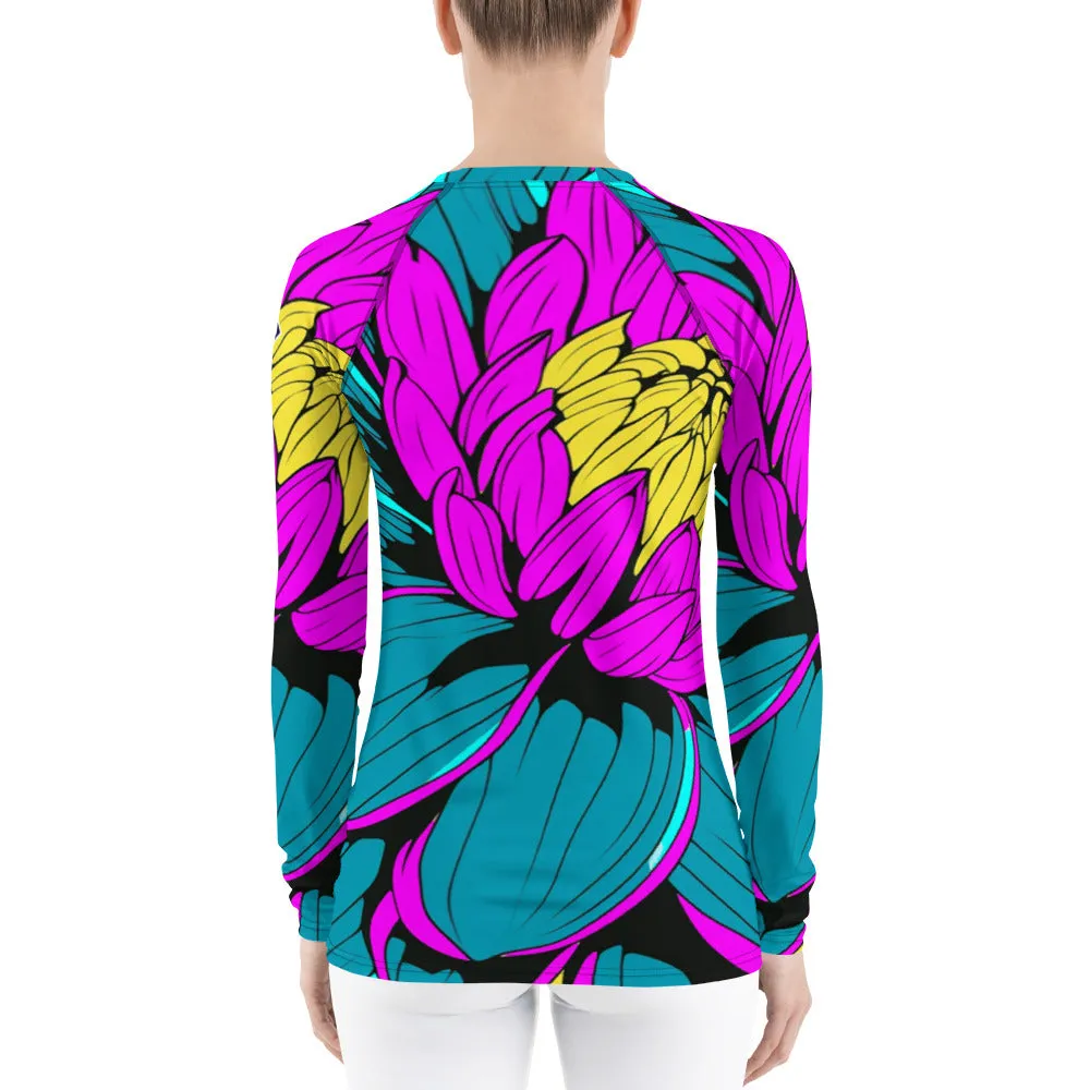 Women's Pop Art BJJ Long Sleeve Rash Guards - Roy Lichtenstein Inspired Dahlia Print 001