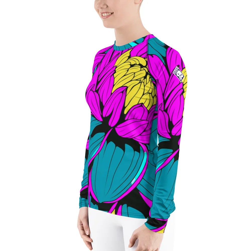 Women's Pop Art BJJ Long Sleeve Rash Guards - Roy Lichtenstein Inspired Dahlia Print 001