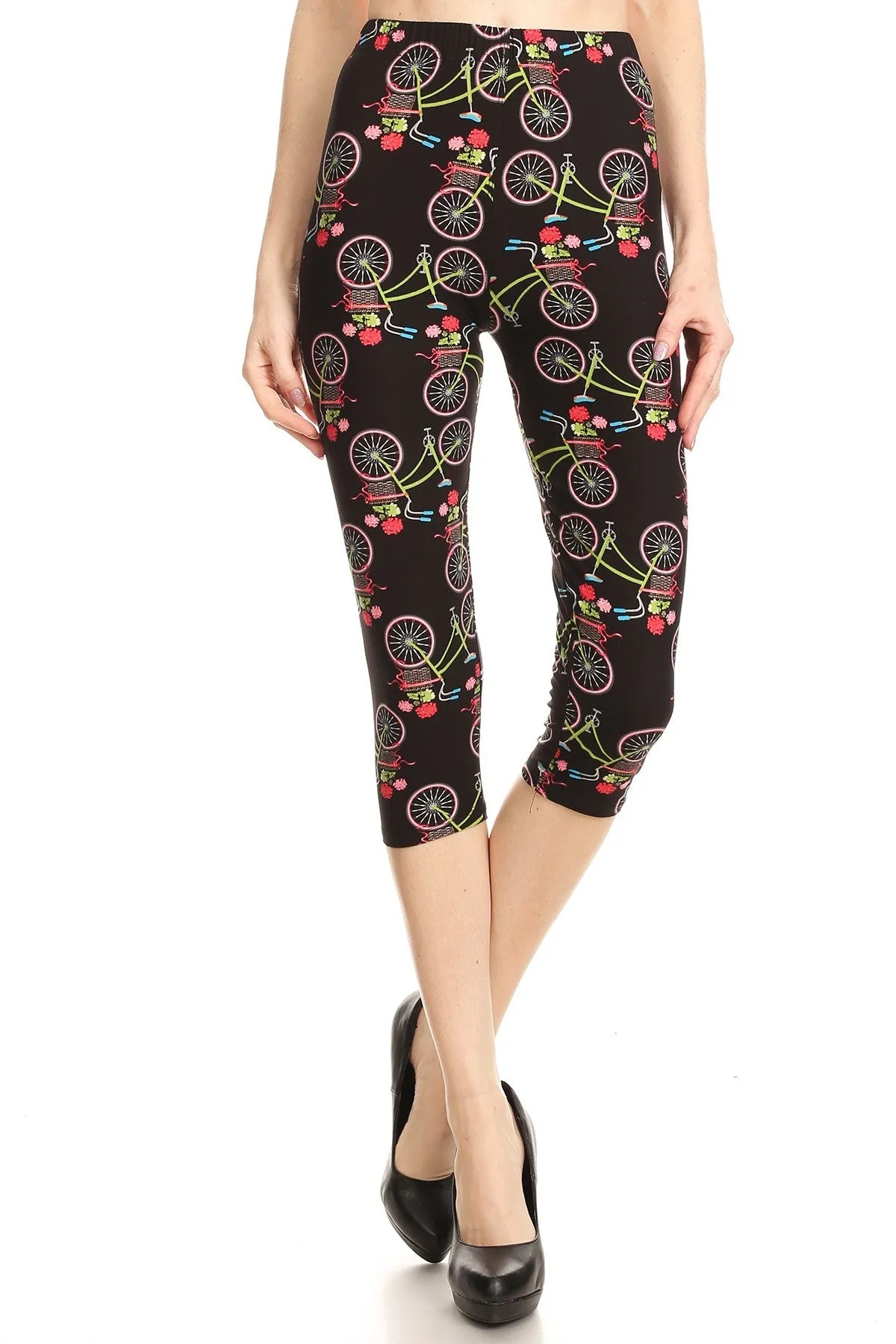 Women's Regular colorful Bicycle Flower Printed Cropped Capri Leggings