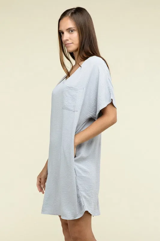 Woven Airflow V Neck T-Shirt Dress with Pockets